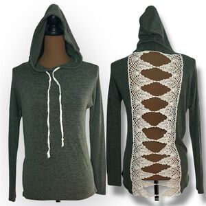 Windsor Heathered Forest Green Crochet Open Back Sweater Hoodie, Women’s Small
